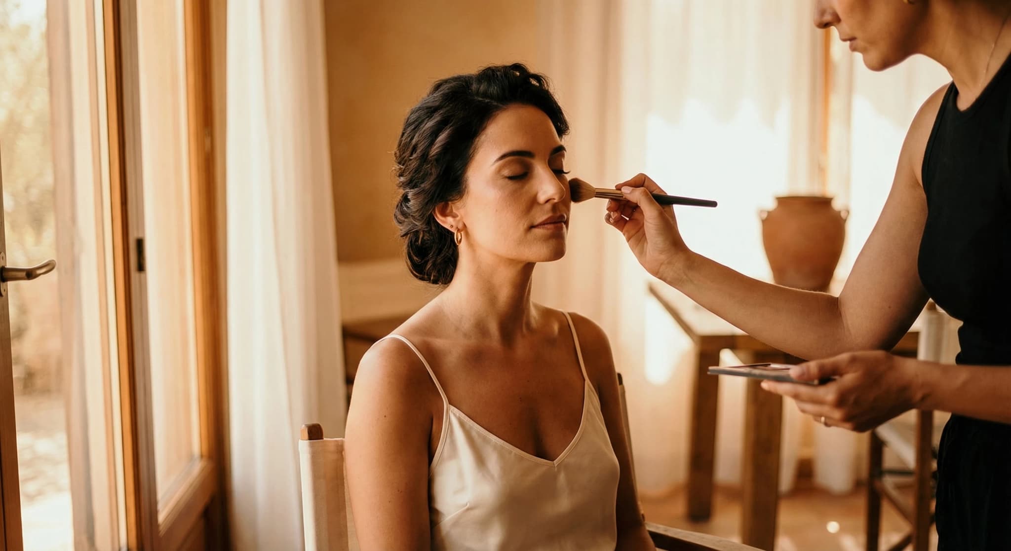 Professional makeup artist applying event makeup on location in Lisbon